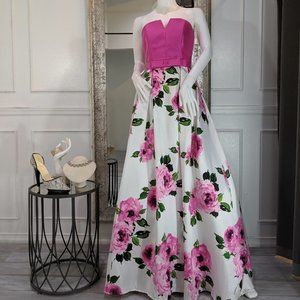 Pink Floral Formal Evening Prom Dress Gown